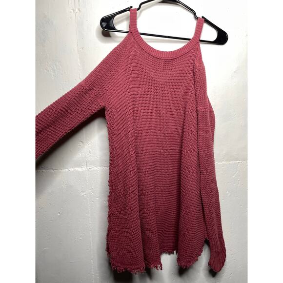 Free People Moonshine Cold Shoulder Waffle Knit Sweater Size XS Pink Red Rose - Picture 7 of 10